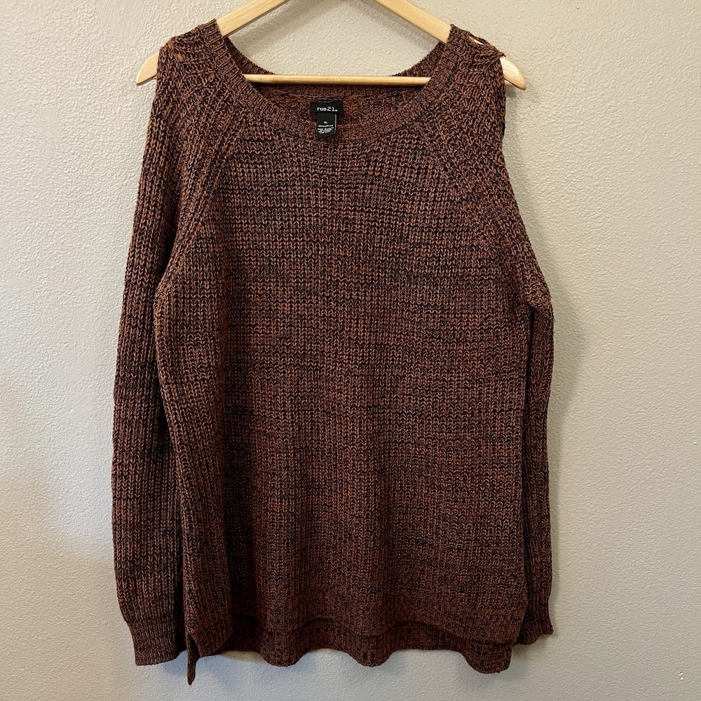 Rue 21 Knit Sweater Cable Knit Sleeves Brown Black Grunge Forrest Goblin Size XL